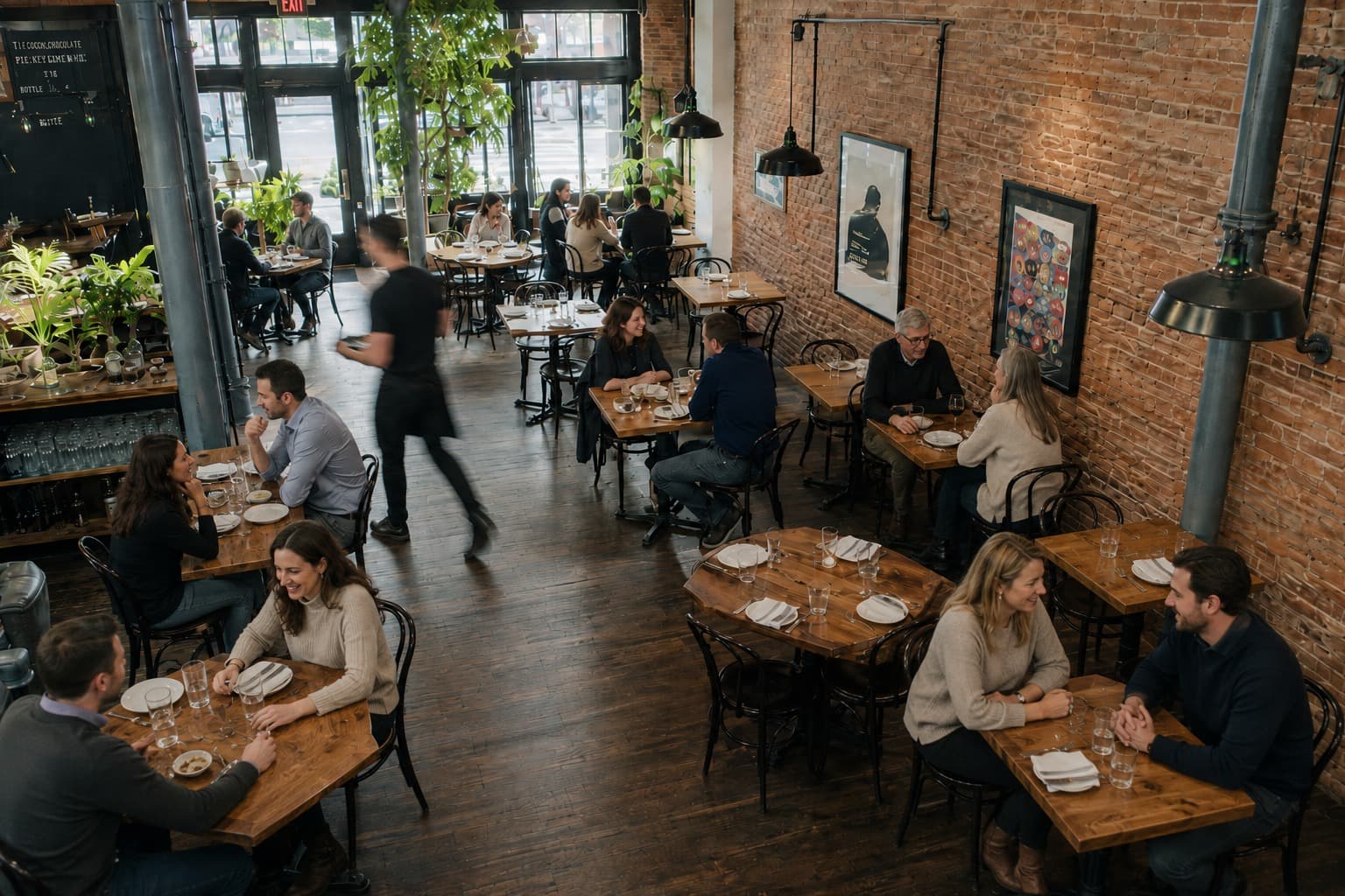 The same restaurant filling up, several tables occupied