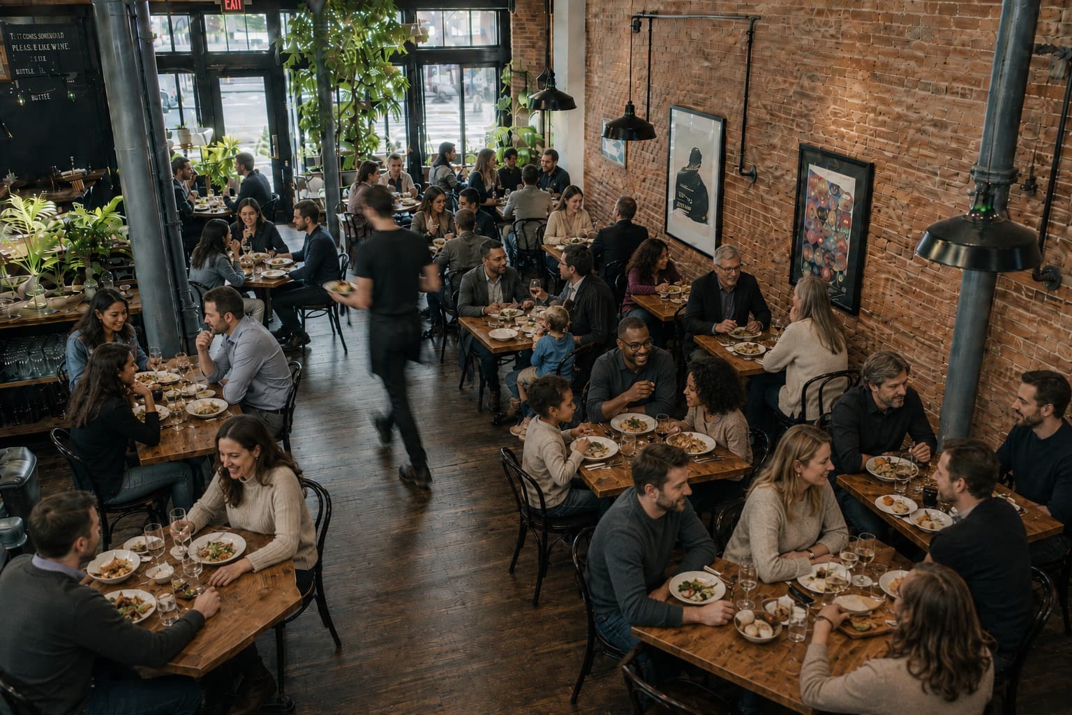 The same restaurant completely full, guests at every table